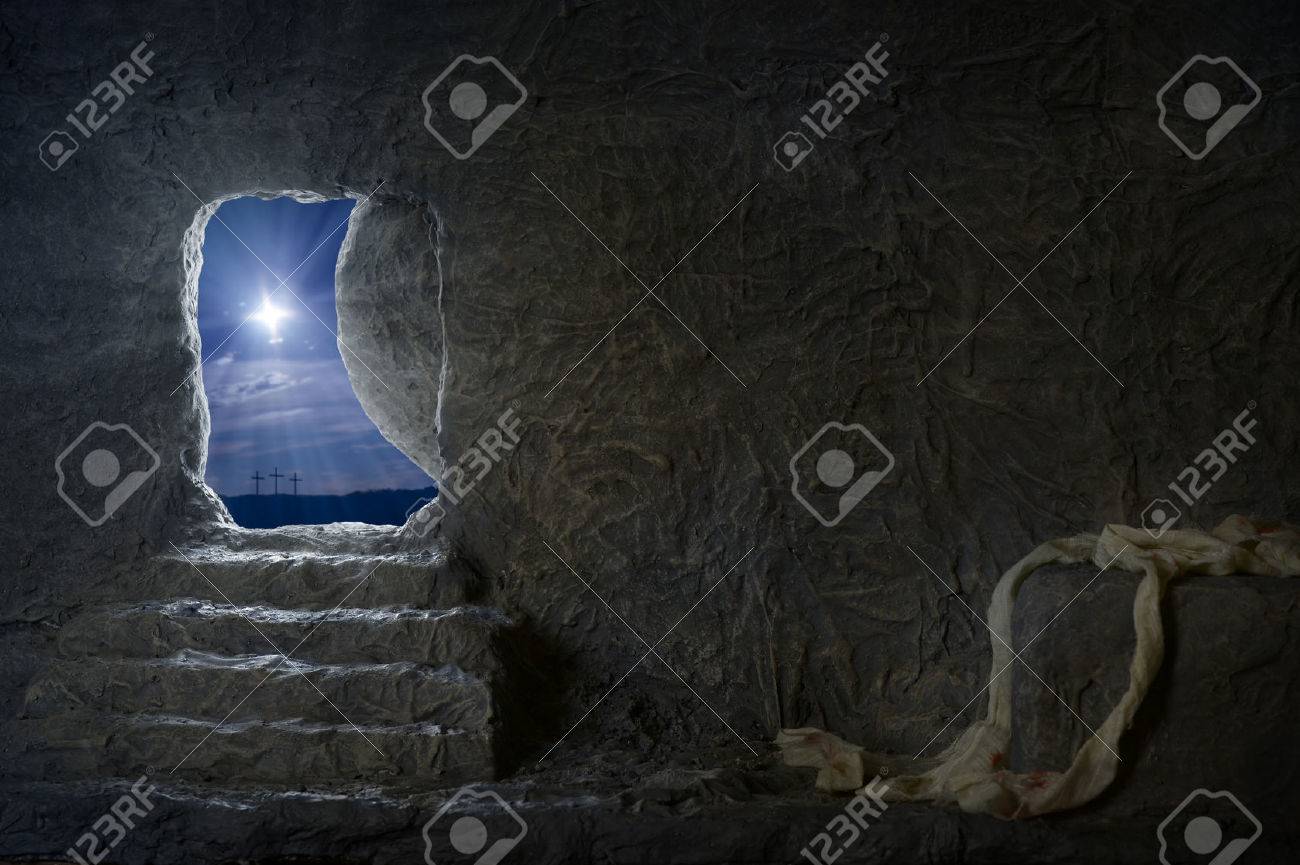 Empty tomb of Jesus at night with crosses in background - 65428194 Empty tomb of Jesus at night with crosses in background - 65428194