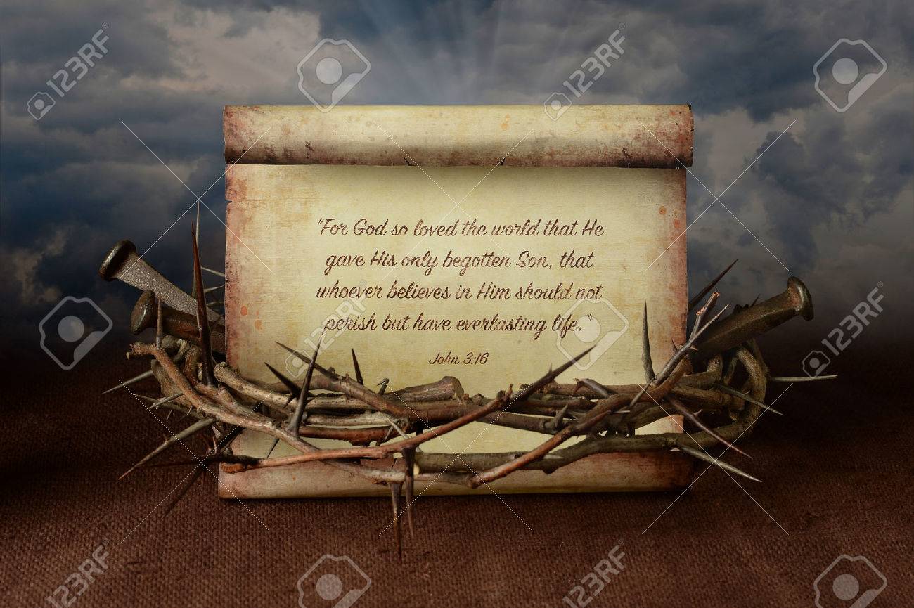 John 3:16 scroll surrounded by crown of thorns and nails - 67548855 John 3:16 scroll surrounded by crown of thorns and nails - 67548855