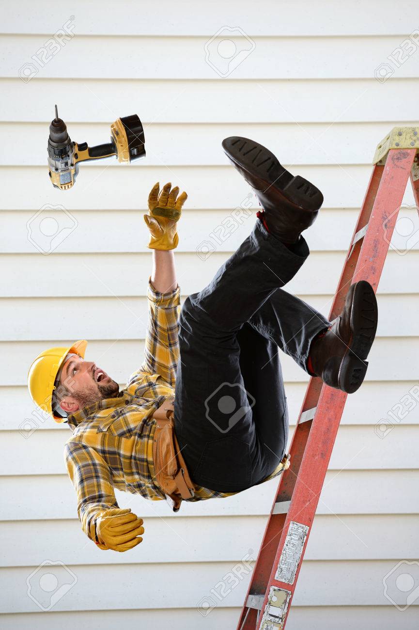 Worker falling from ladder inside room - 67548845 Worker falling from ladder inside room - 67548845