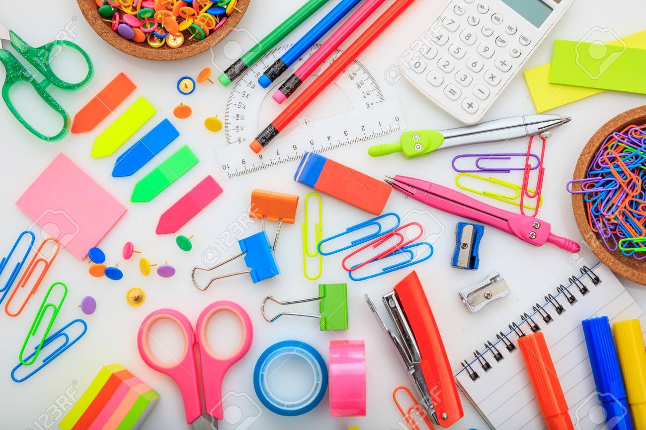Variety Of School Supplies On White Background Stock Photo, Picture and  Royalty Free Image. Image 79736835., image size:1300x866
