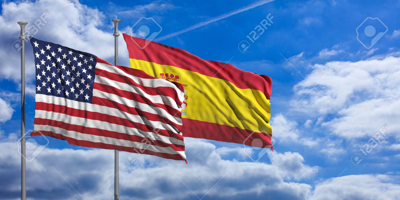 Estados Unidos Y España Ondeando Banderas Sobre Fondo De Cielo Azul.  Ilustración 3d Fotos, Retratos, Imágenes Y Fotografía De Archivo Libres De  Derecho. Image 83436455.
