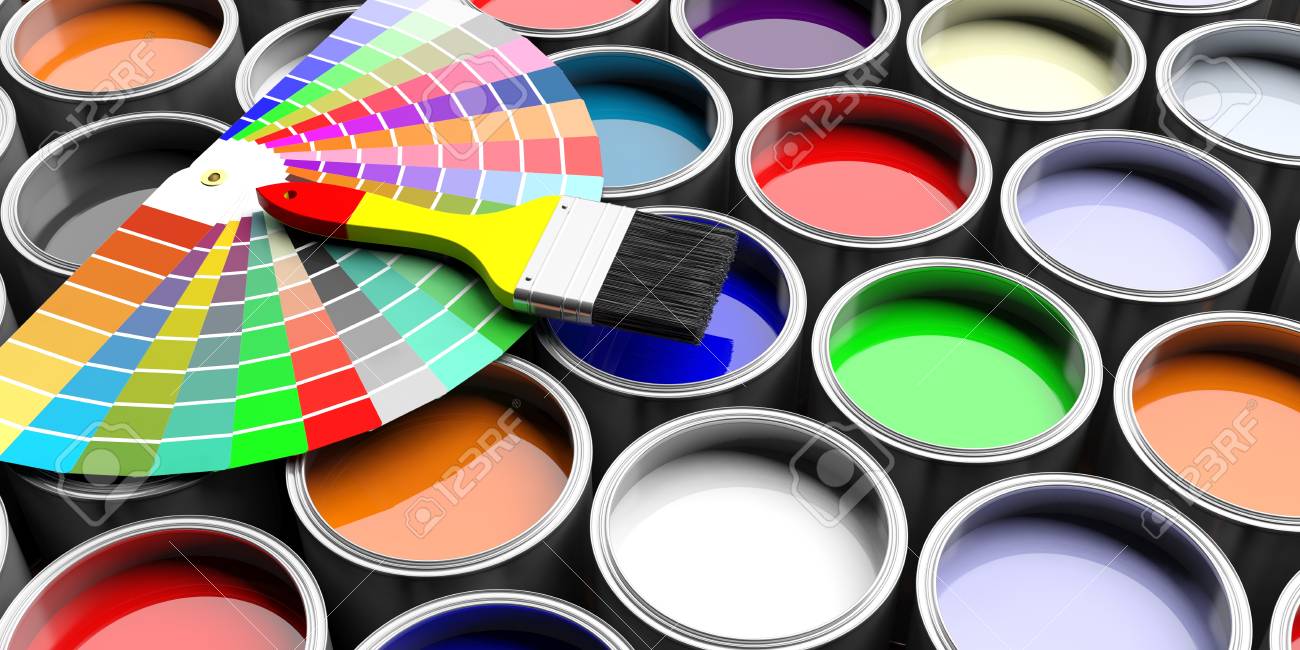 paint colors catalogue and brush on paint cans background 3d