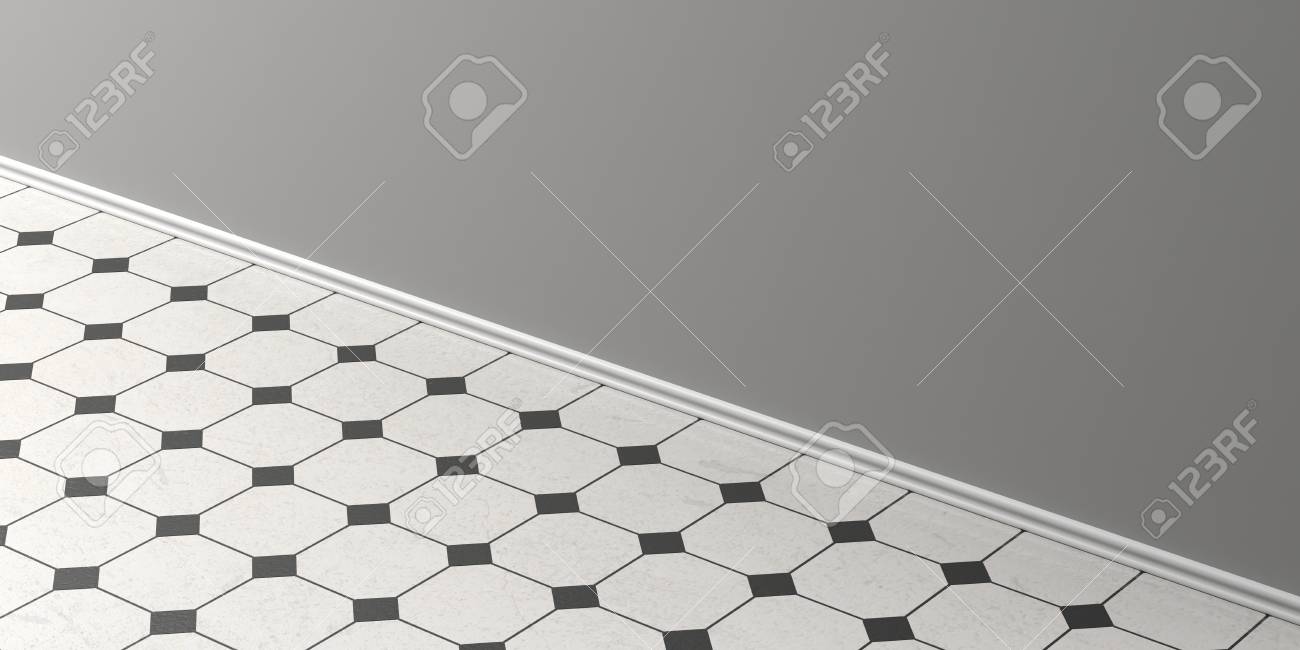 Vintage White Ceramic Tiles Floor With Black Details, Grey Wall ... Vintage White Ceramic Tiles Floor With Black Details, Grey Wall ...