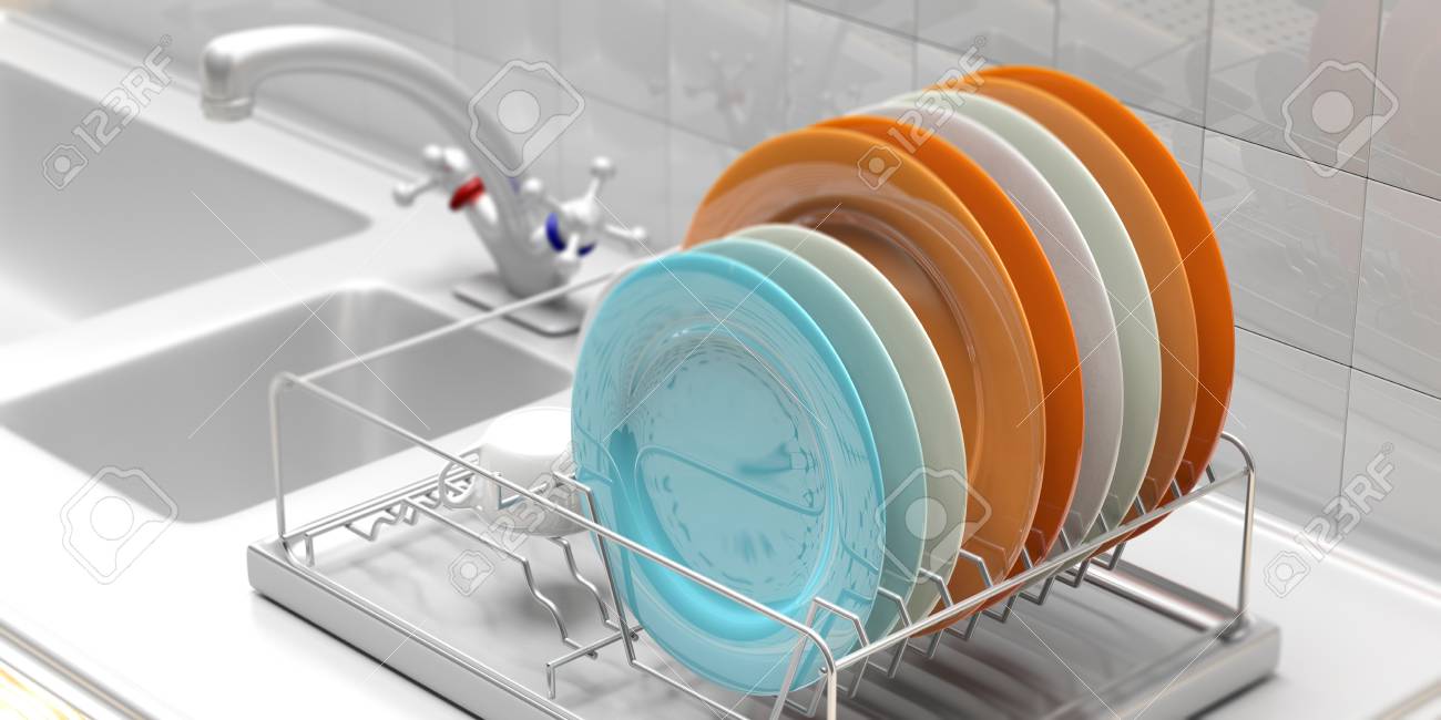 Dish Drying Rack With Colorful Clean Plates On A White Kitchen Stock Photo Picture And Royalty Free Image Image 100698214 123rf