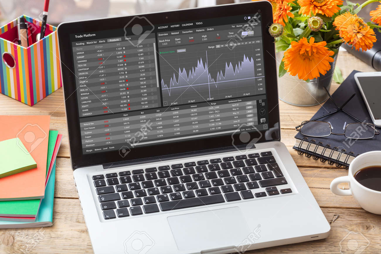 Trade platform, forex trading. Stock exchange market analysis, monitoring app on laptop screen, office desk background. Binary option, candlestick chart. - 165639354 Trade platform, forex trading. Stock exchange market analysis, monitoring app on laptop screen, office desk background. Binary option, candlestick chart. - 165639354