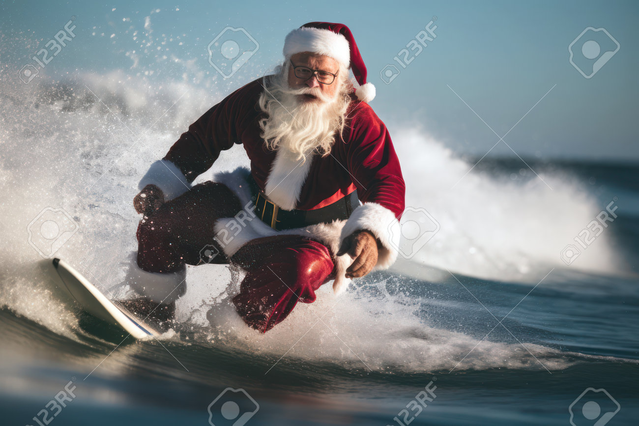 サンタクロースと沖縄の海 クリスマスサンタクロース海波夏のクリスマスにサーフィンの写真