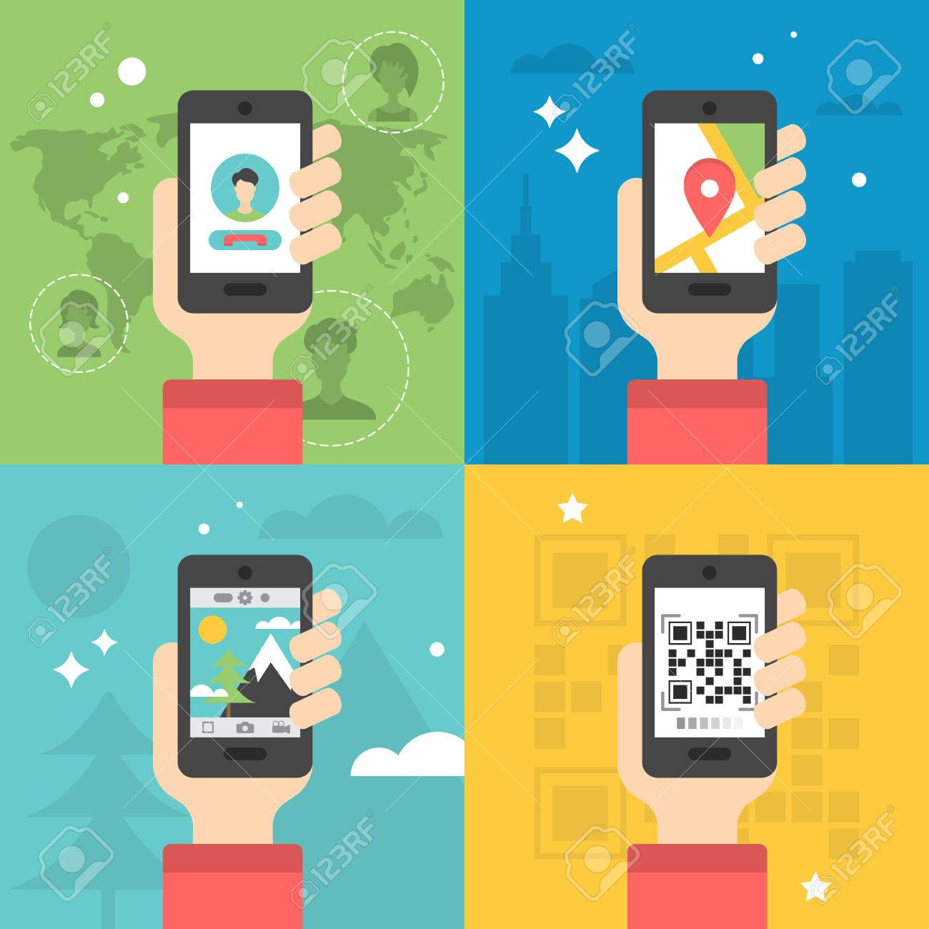 Плоский Дизайн Иконок Для Различных Областей Применения Мобильных Телефонов:  Глобальная Система Связи, Сканирования QR-код, Фотографии И Навигация  Клипарты, SVG, векторы, и Набор Иллюстраций Без Оплаты Отчислений. Image  64218912