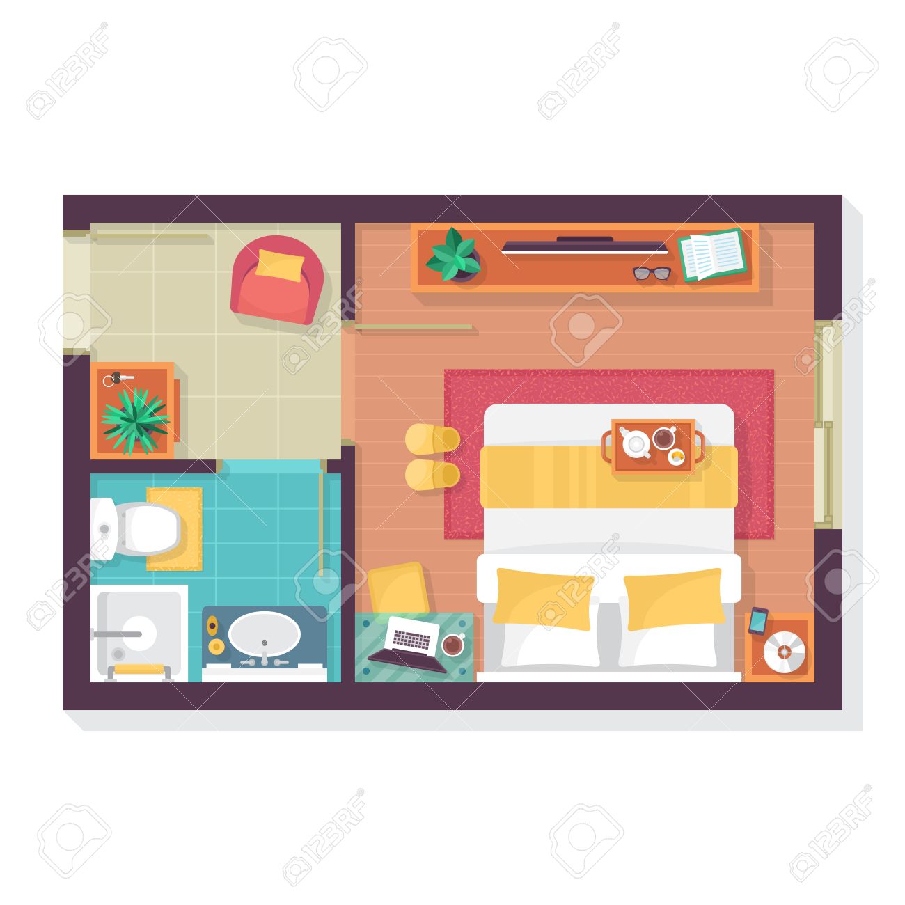 Slaapkamer En Badkamer Plattegrond Bovenaanzicht. Meubilair ... Slaapkamer En Badkamer Plattegrond Bovenaanzicht. Meubilair ...