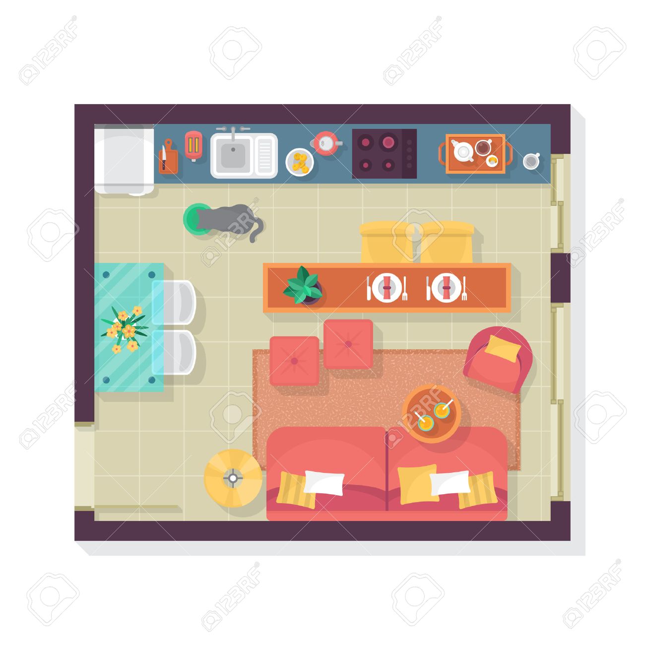 Woonkamer En Keuken Plattegrond Bovenaanzicht. Meubilair Instellen ... Woonkamer En Keuken Plattegrond Bovenaanzicht. Meubilair Instellen ...