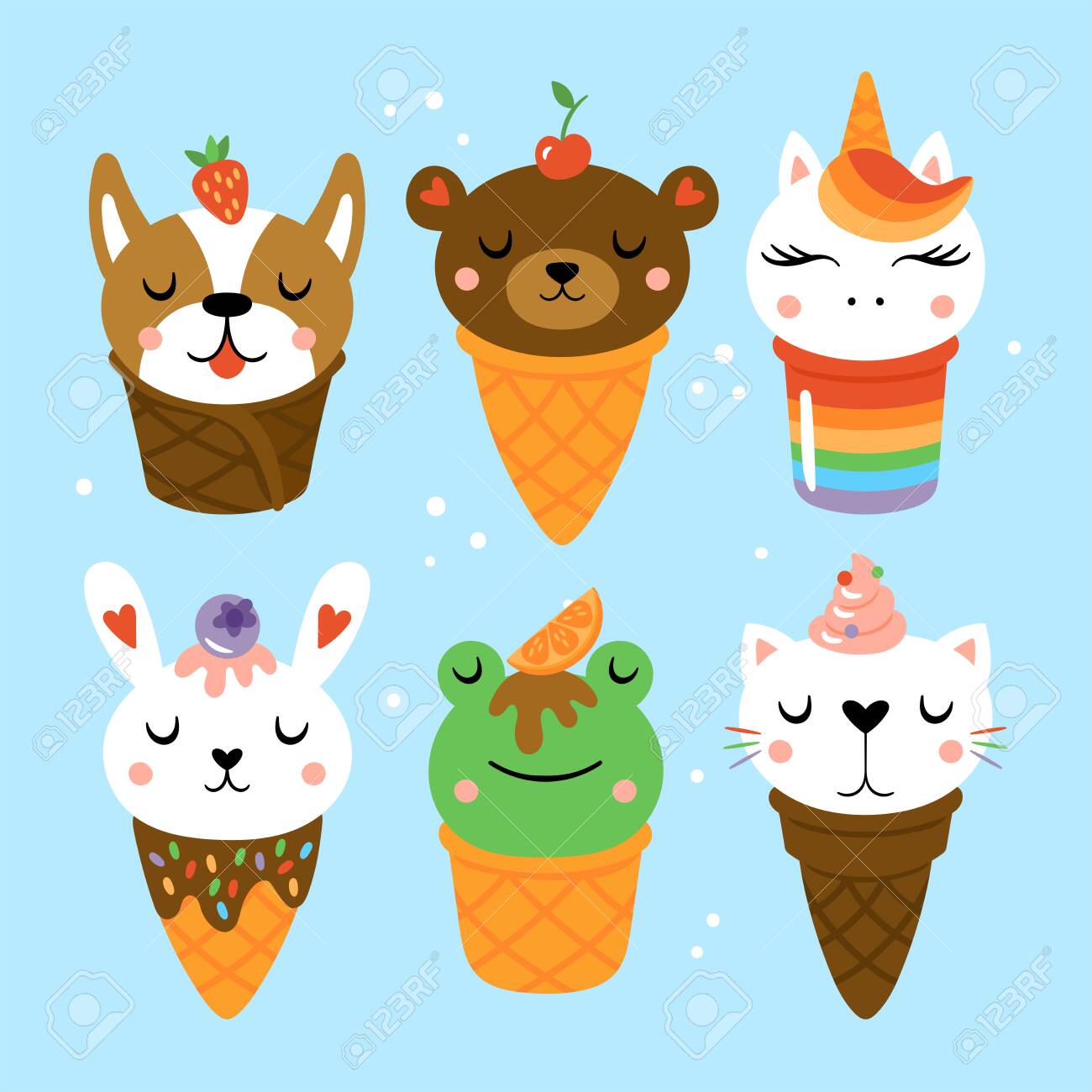 夏のかわいい動物とアイスクリーム。カード、ステッカー、パーティーの  