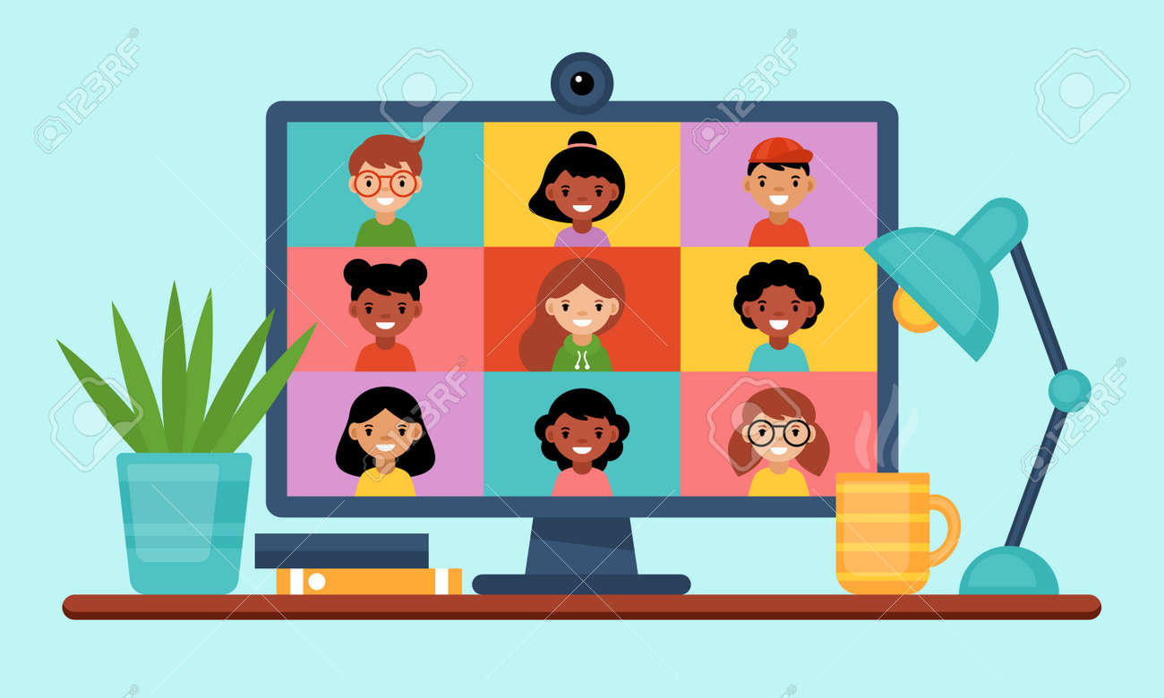 Conference Video Call Concept. Online Education And Learning From Home With  Computer Screen. Flat Style Cartoon Vector Illustration Royalty Free SVG,  Cliparts, Vectors, and Stock Illustration. Image 156120117., image size:1300x780