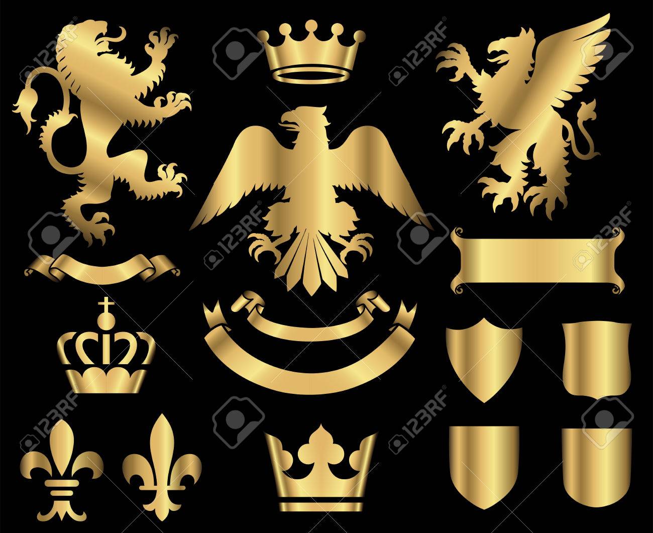 金の紋章の装飾品 ゴールド紋章装飾品 黒い背景に分離しました すべての要素は 簡単に編集用別にグループ化されます のイラスト素材 ベクタ Image
