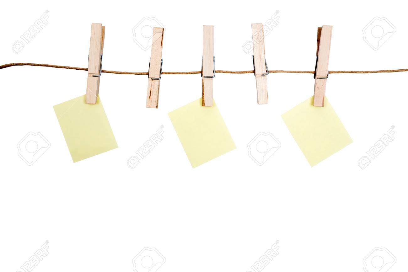 blank memo papers on rope with clothespins on white backgrounds blank memo