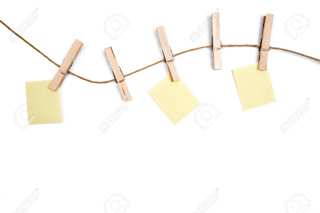 blank memo papers on rope with clothespins on white backgrounds blank memo