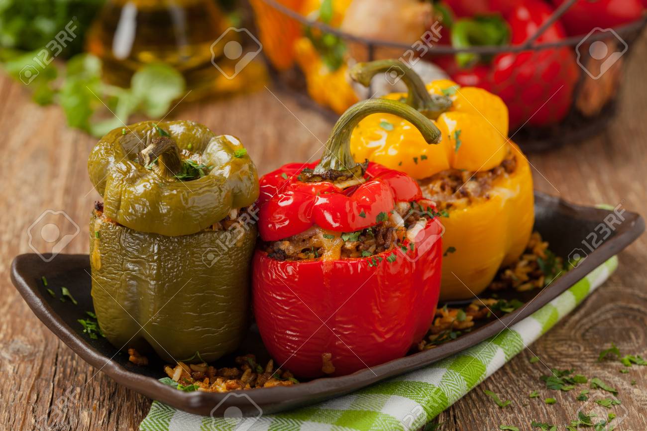 Colorful Baked With Cheese Stuffed Peppers With Rice And Minced Stock Photo Picture And Royalty Free Image Image 111603758