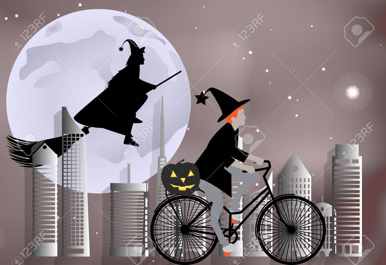 Vector Illustration Einer Hexe Ein Fahrrad Um Die Stadt Fahren Und Die Hexe Auf Einem Besen Uber Die Stadt In Der Feier Von Halloween Fliegen Lizenzfrei Nutzbare Vektorgrafiken Clip Arts Illustrationen Image