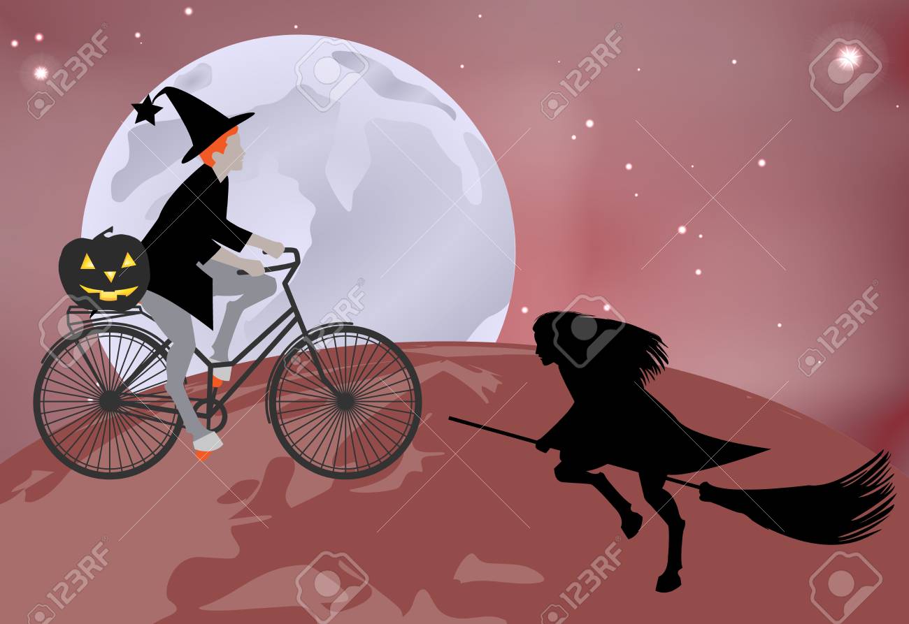 Vector Illustration Einer Hexe Geht Uber Die Kugel Auf Einem Fahrrad Und Eine Hexe Die Uber Die Kugel Auf Einem Besenstiel Zur Feier Von Halloween Fliegt Lizenzfrei Nutzbare Vektorgrafiken Clip Arts Illustrationen