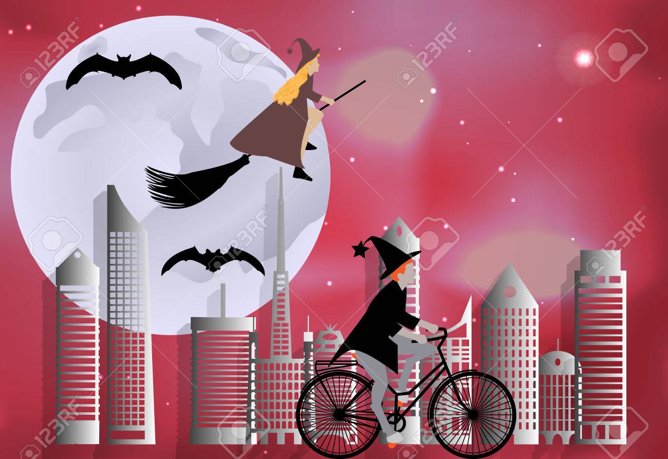 Vector Illustration Einer Hexe Ein Fahrrad Um Die Stadt Fahren Und Die Hexe Auf Einem Besen Uber Die Stadt In Der Feier Von Halloween In Der Feier Von Halloween Fliegen Lizenzfrei Nutzbare