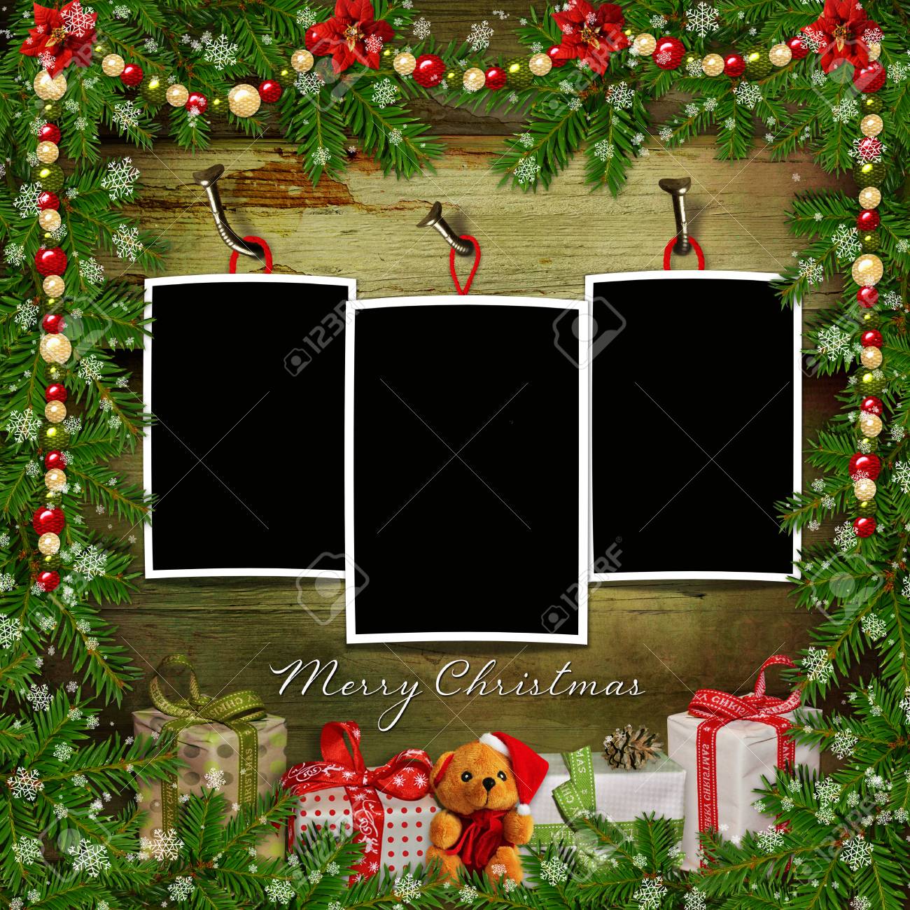 Decorazioni Natalizie Con Pino.Immagini Stock Biglietto Di Auguri Di Natale Con Cornici Regali Rami Di Pino E Decorazioni Natalizie Image 48693064