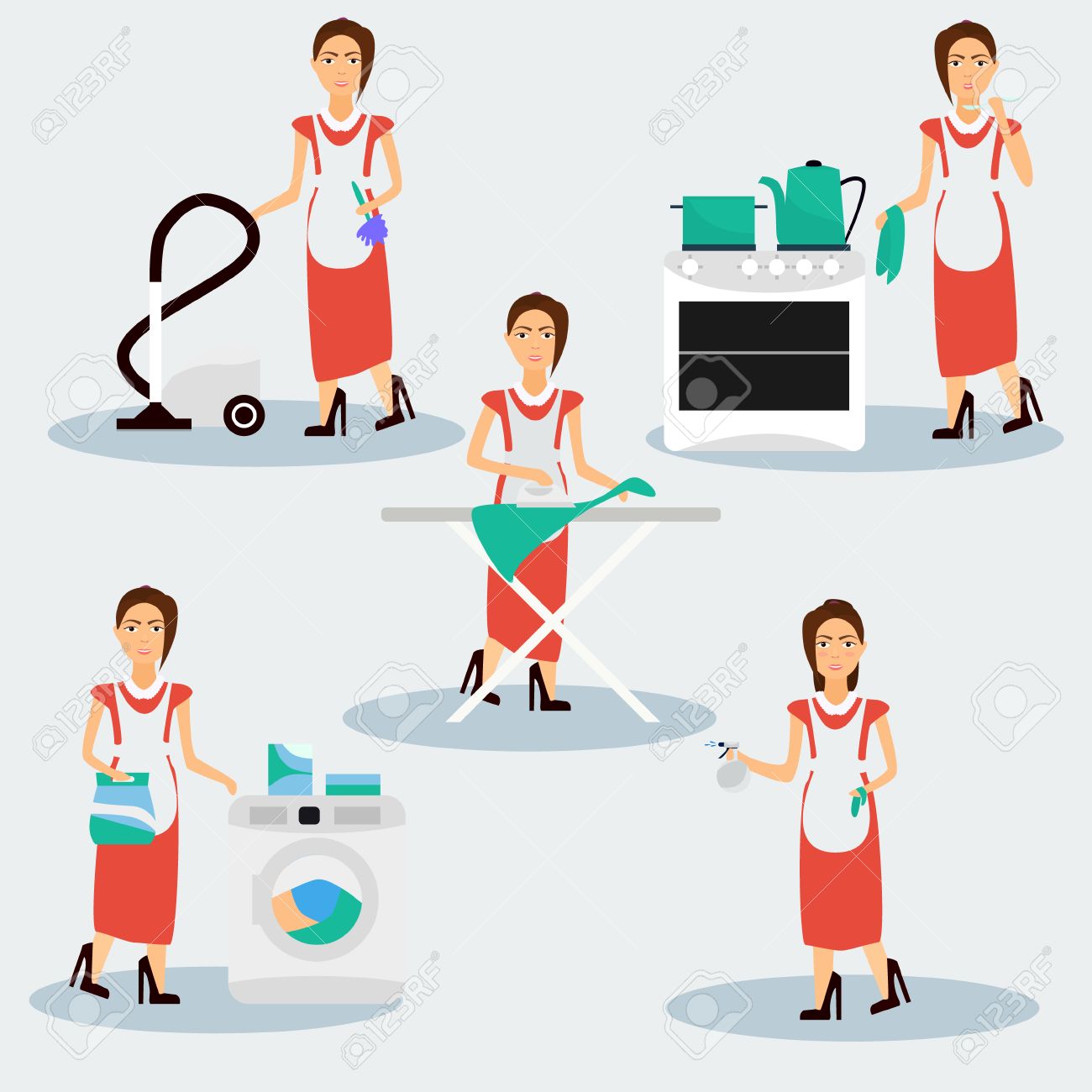 La Multitarea Housewife Ilustración Vectorial Ama De Casa Mujer De Planchar Limpiar Cocinar Y Lavar Ilustraciones Vectoriales Clip Art Vectorizado Libre De Derechos Image 62783595