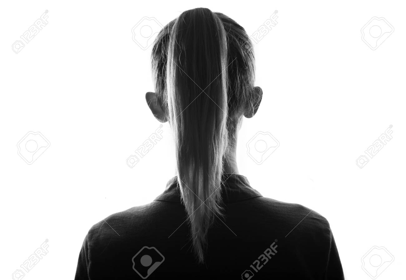 Female Person Silhouette View From Behind Back Lit Over White