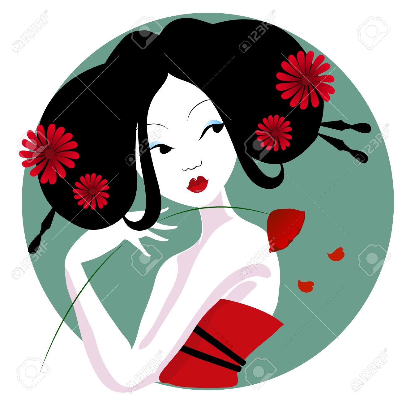 赤いドレスの美しい芸者のイラスト 彼女の髪に花と非常に穏やかな 情熱的な女性 名刺やチラシに適しています 日本語メニュー 白い背景に のイラスト素材 ベクタ Image