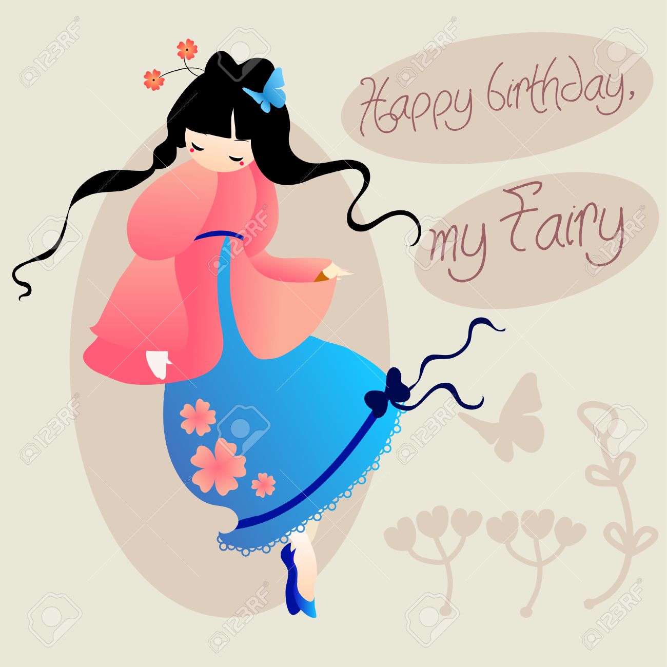 Joyeux Anniversaire Ma Fee Carte Mignonne Pour Une Fille Avec Une Petite Fille Mignonne Dans Une Robe Et Des Fleurs Rose Clip Art Libres De Droits Vecteurs Et Illustration Image