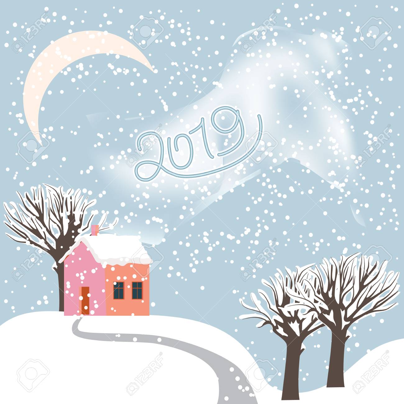 Vector Cartoon Drawing Of A Winter Snowy Landscape With A Small