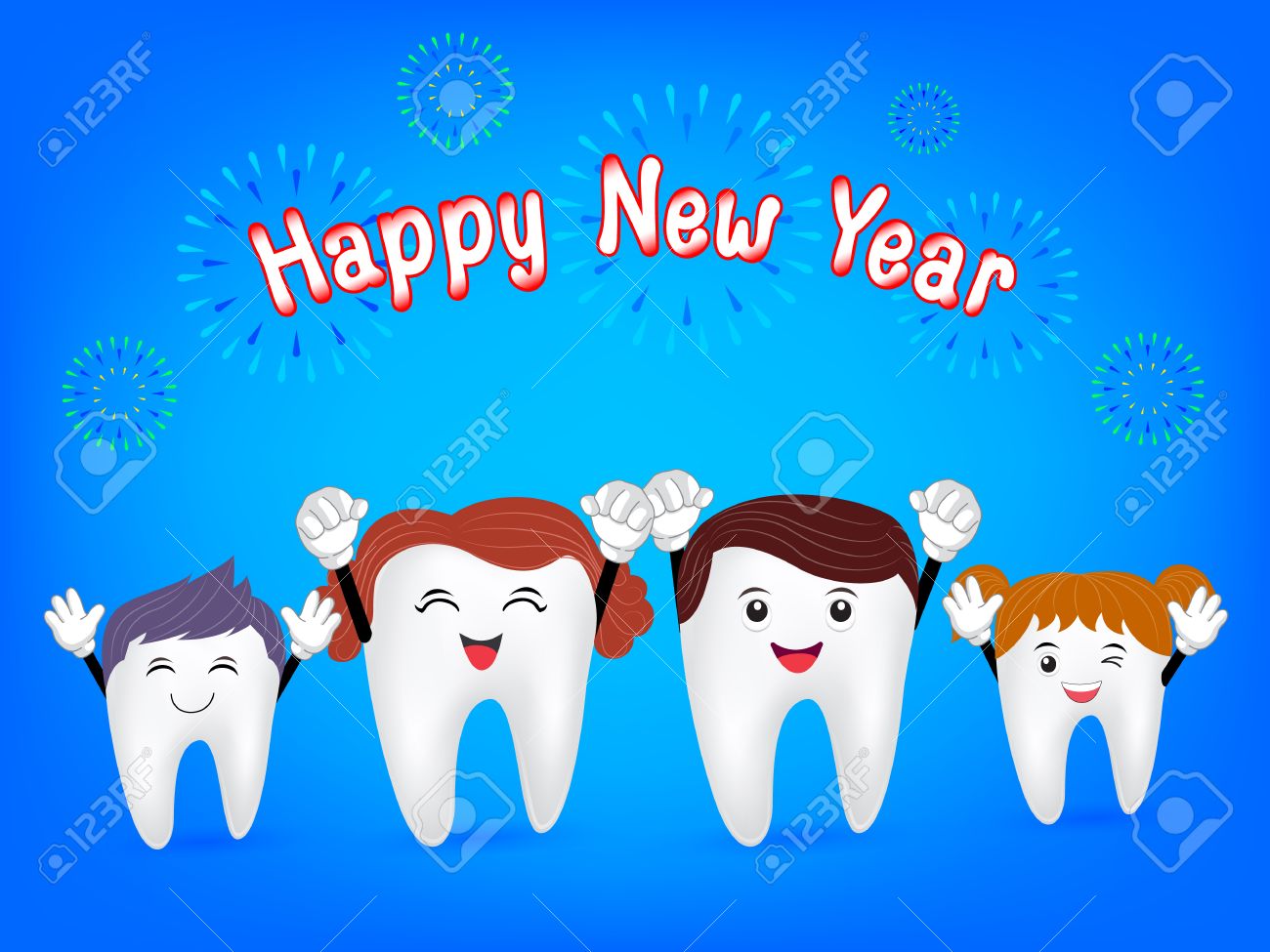 幸せな新年 17 かわいい漫画歯家族を 青の背景に分離したの図 のイラスト素材 ベクタ Image