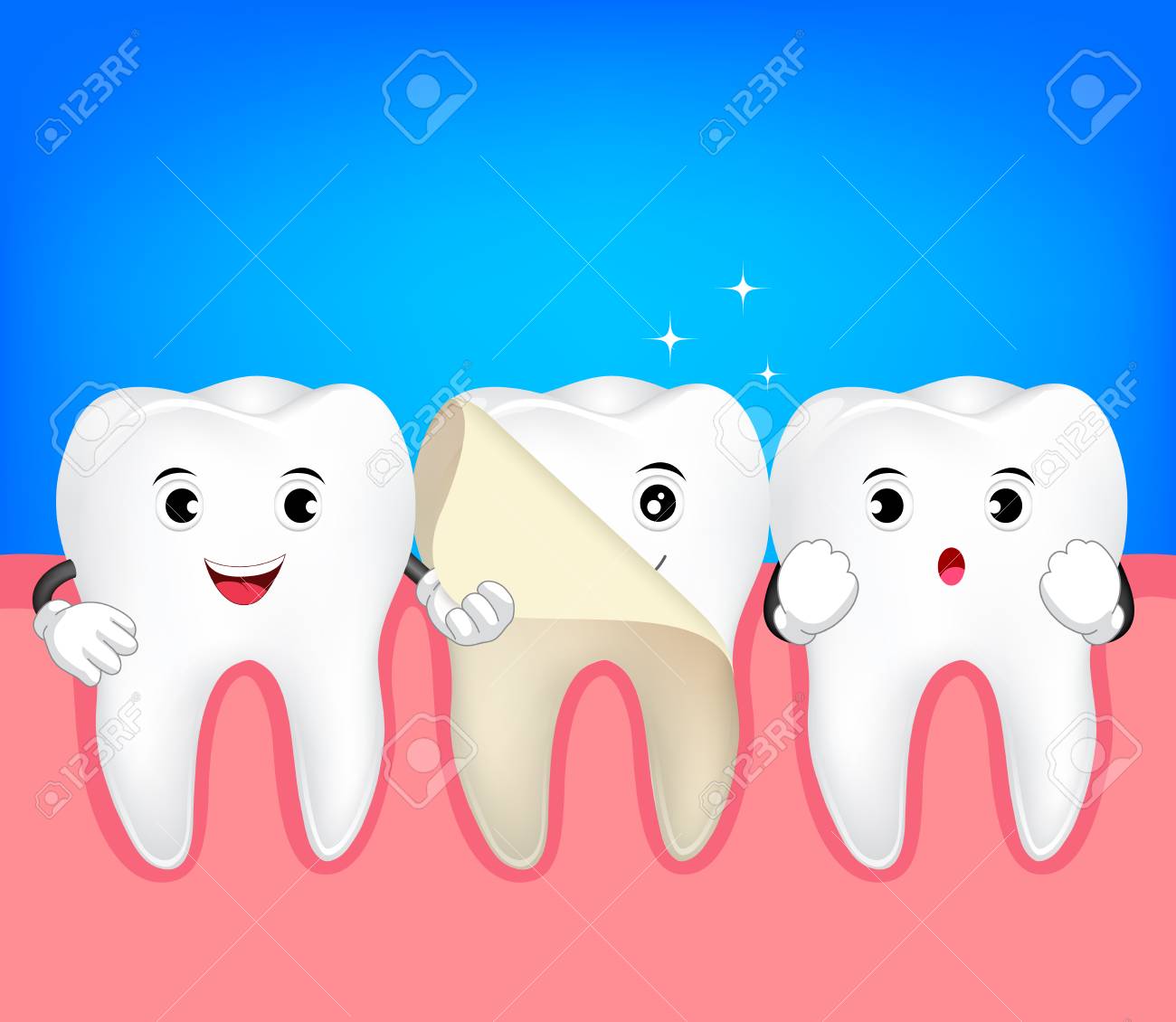 歯のホワイトニングのシンボル かわいい漫画の歯のマスコットの図 歯科医療コンセプトは 青の背景に分離されました のイラスト素材 ベクタ Image