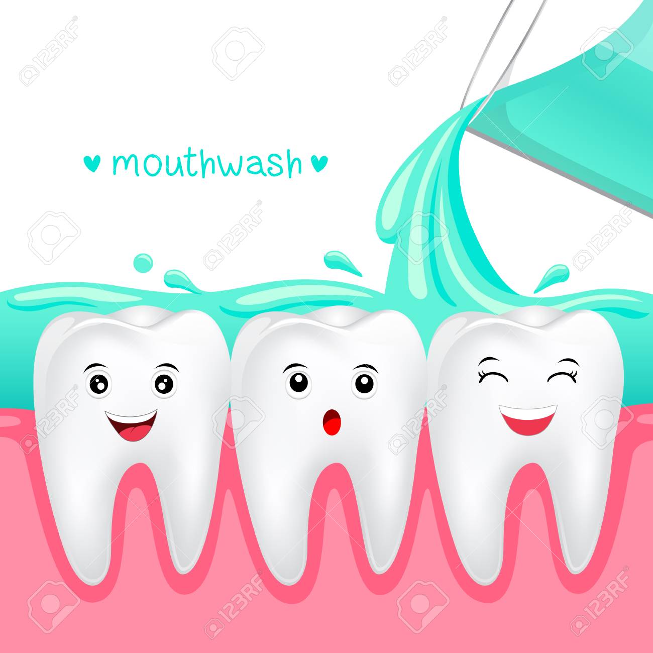 うがい薬の歯科治療の概念図とかわいい漫画歯が白い背景の上分離 のイラスト素材 ベクタ Image