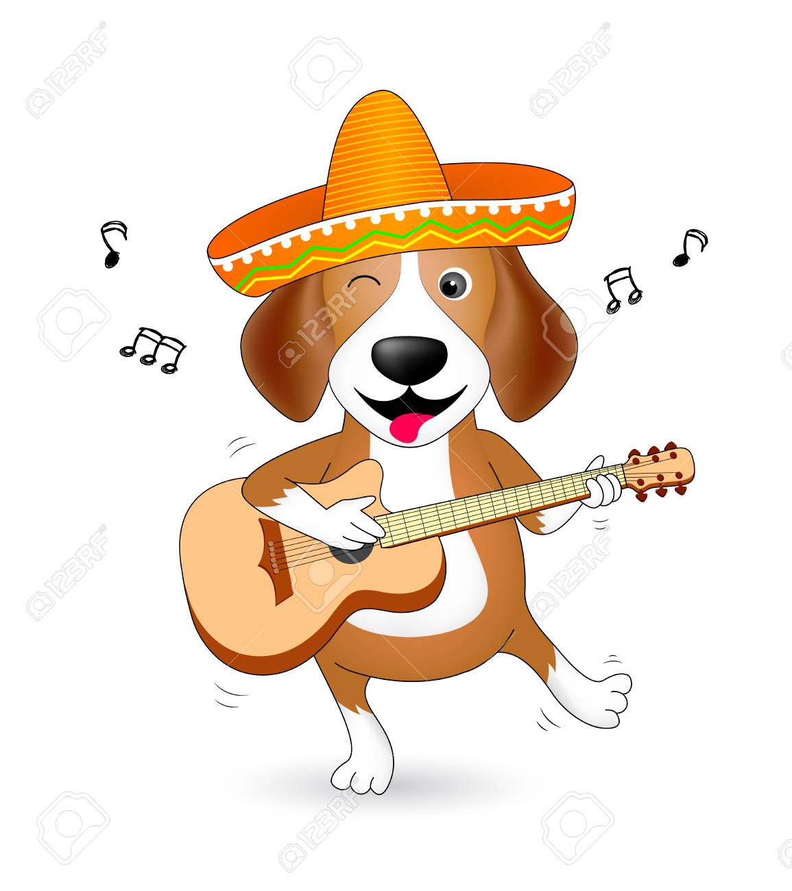 面白い漫画犬のキャラクター メキシカン ハット ギターとダンスのかわいいビーグル 人間の友達動物 白い背景で隔離の図 のイラスト素材 ベクタ Image 6854