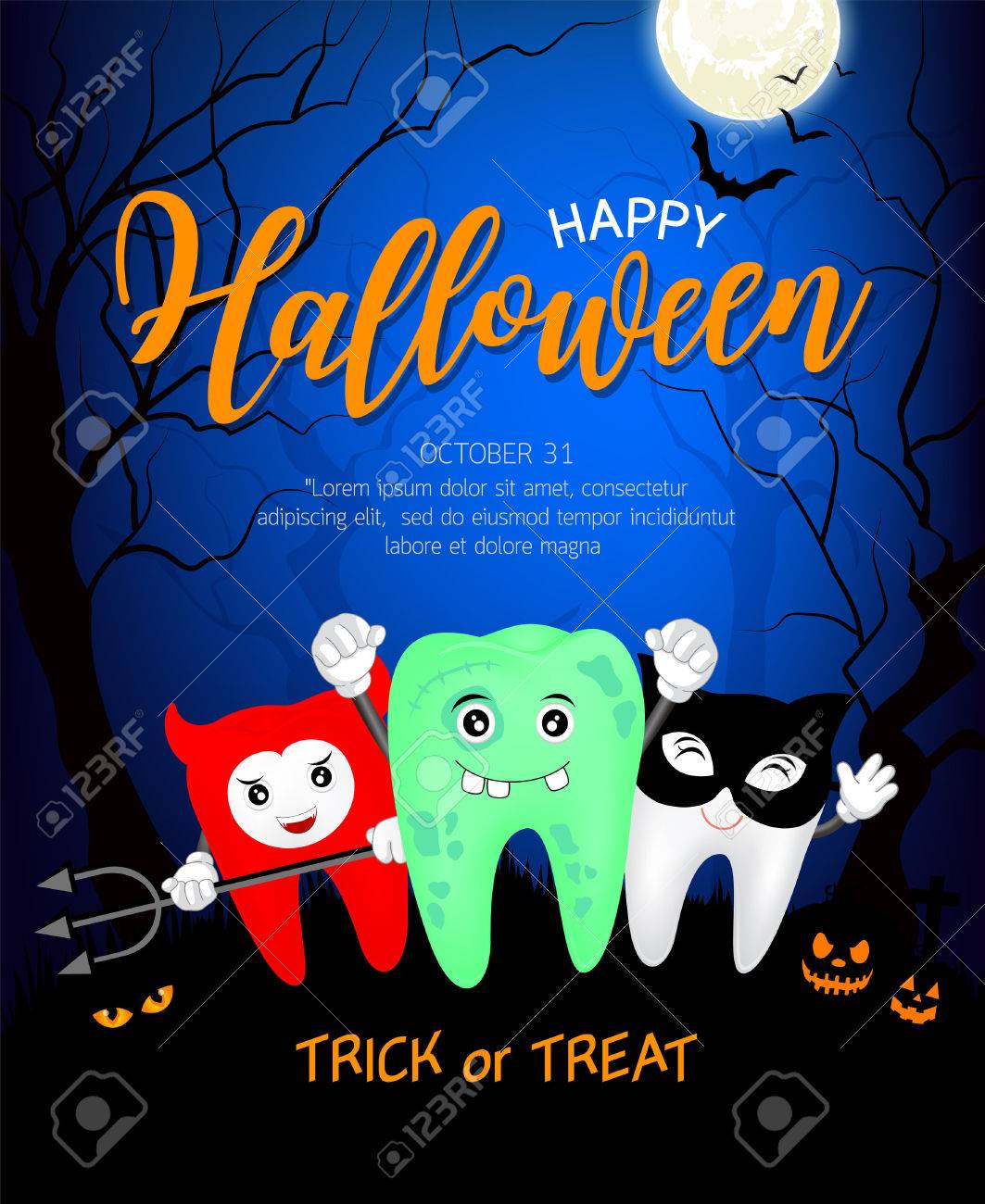Caractère De Dent De Dessin Animé Mignon Fuuny Zombie Diable Et Chat Noir Dans La Nuit De La Lune Concept Dhalloween Heureux Conception Pour