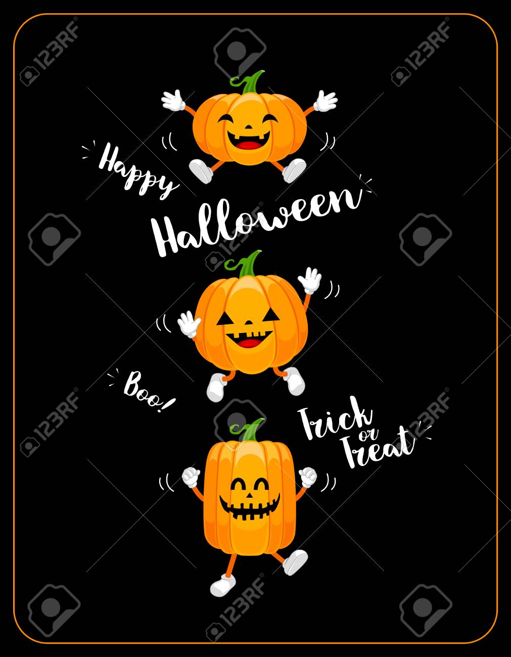 カボチャかわいい漫画のキャラクターをデザインします 幸せなハロウィーンの日のコンセプトです お菓子をくれないといたずらするよ 黒い背景に分離したの図 のイラスト素材 ベクタ Image