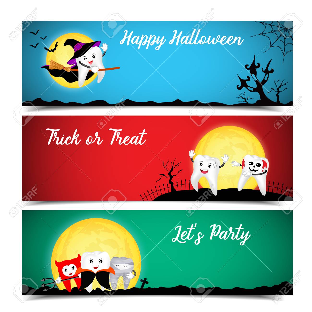 歯のかわいい漫画のキャラクター 幸せなハロウィーン バナーのデザインを設定します トリックまたは治療概念図パーティします のイラスト素材 ベクタ Image