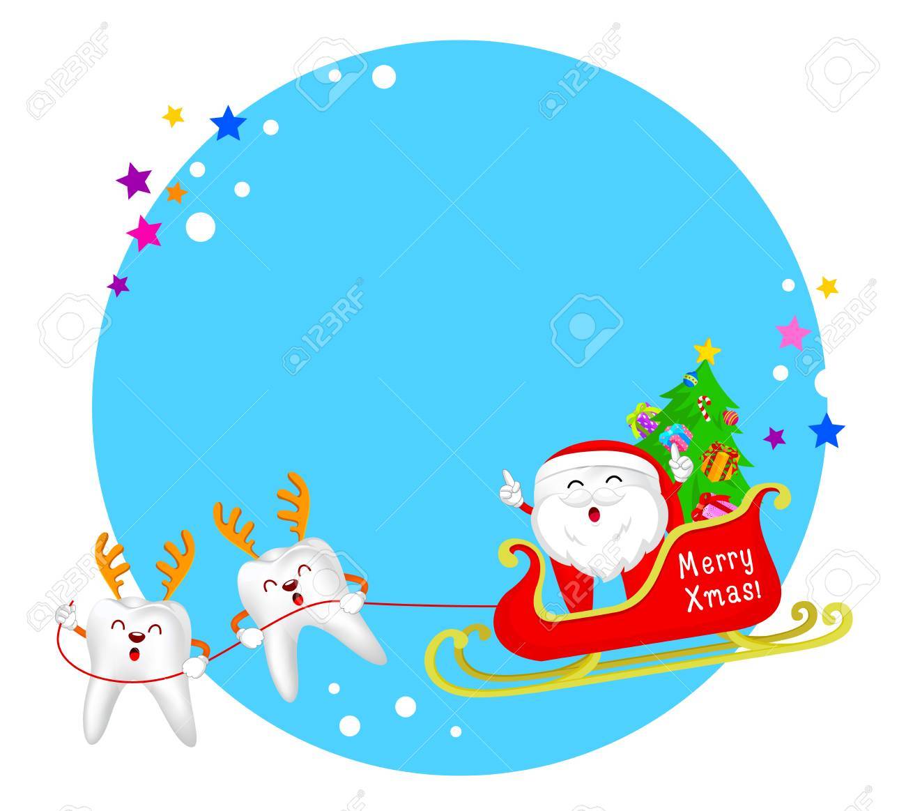 Cute Cartoon Tooth Characters Of Santa Claus With Reindeer And