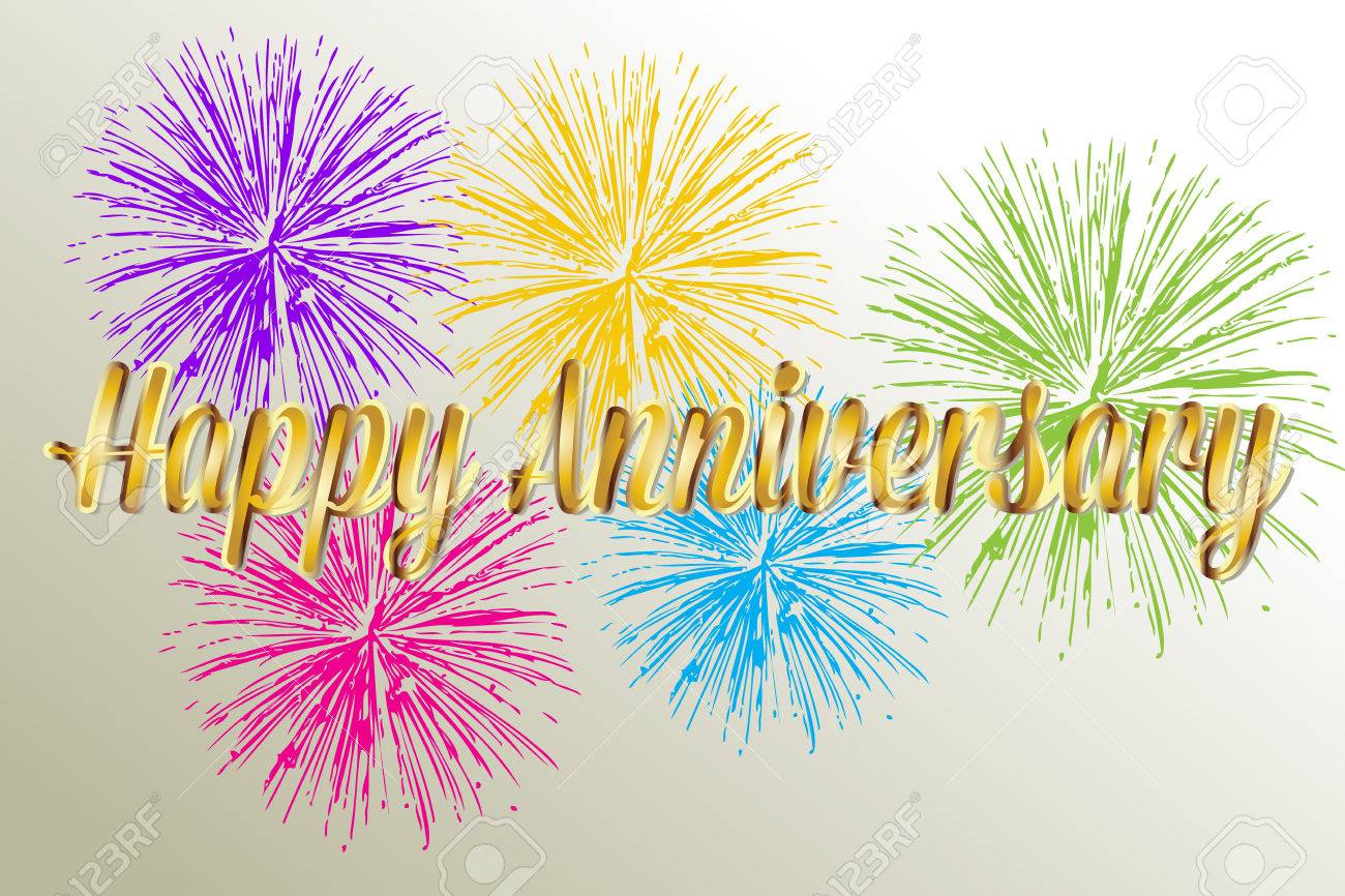 Happy Anniversary Gold Greetings Card With Fireworks Royalty Free