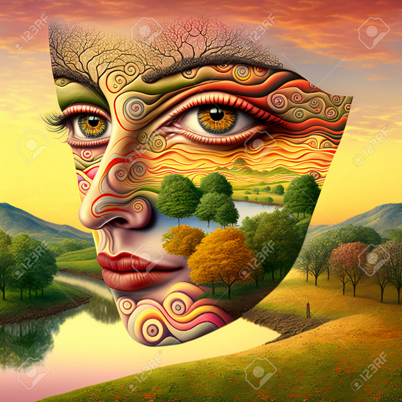 Surrealistische Gesichtslandschaft, Naturlandschaft In Einem Menschlichen  Gesicht, Surreale Malerei, Welt Im Menschlichen Kopf, Frauenporträt  Lizenzfreie Fotos, Bilder und Stock Fotografie. Image 194133193.