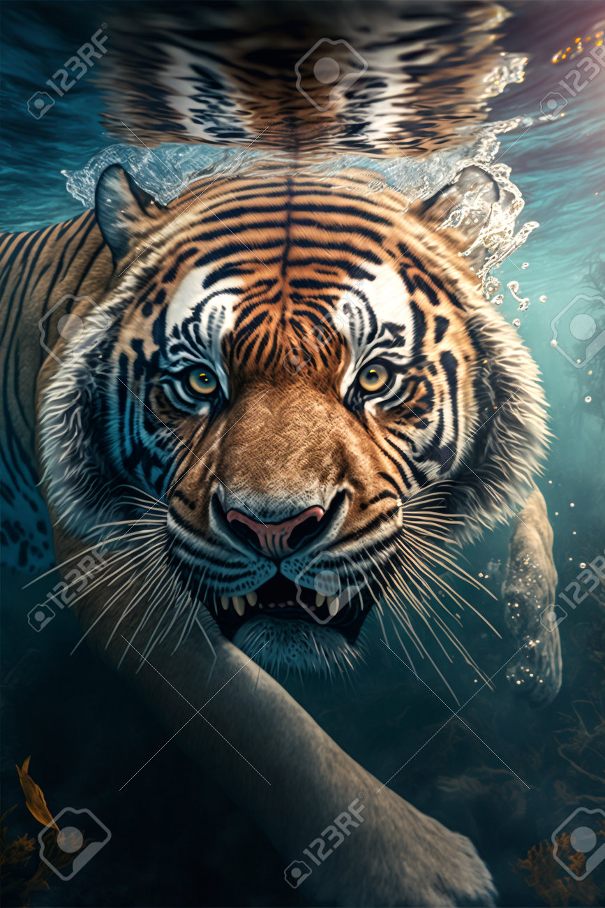 Tiger Underwater 3D Illustration, Animal Swimming Underwater ...