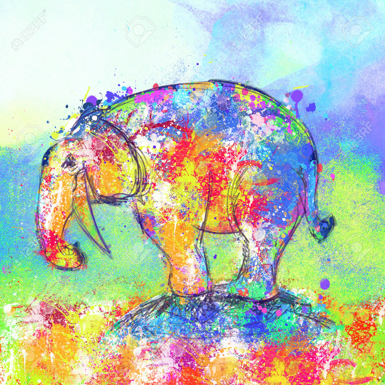 カラフルな抽象的な象の動物の水彩イラスト、象の精霊動物、幸運