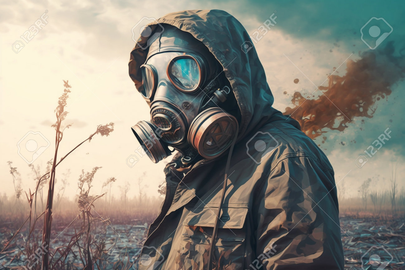 空生成AIの背景にガスマスクと呼吸用保護具を着た男性の写真素材・画像素材 Image 199375235