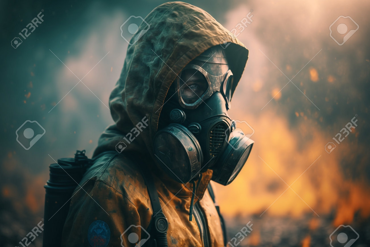 背景にガスマスクとガスマスクの男性と煙と火を持つ生成AIの写真素材・画像素材 Image 199374785