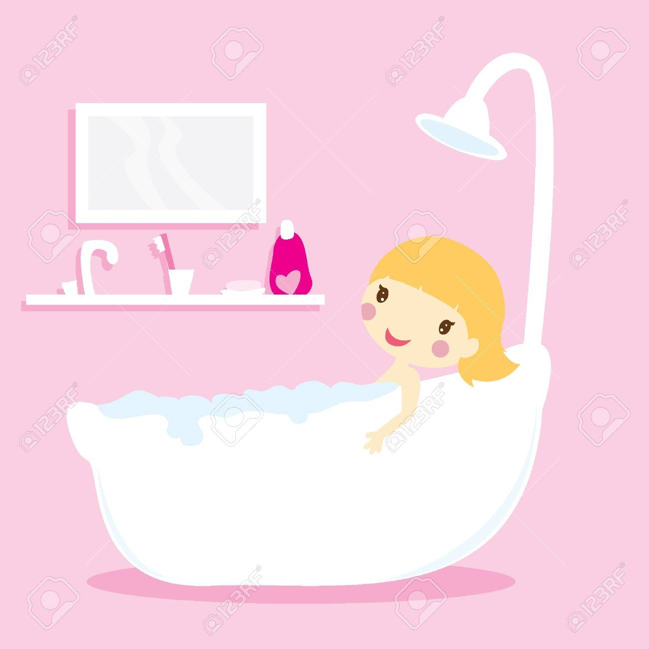 archivio fotografico ragazza di fare un bagno in una vasca da bagno con sfondo rosa