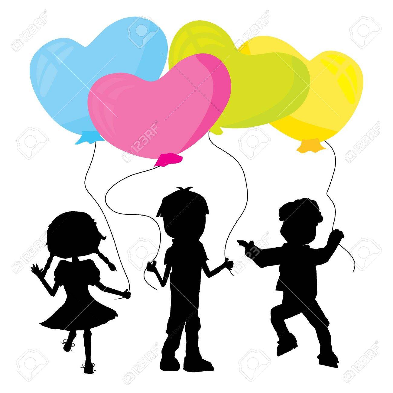 3 人の小さなシルエット子供の心を保持している形の風船 のイラスト素材 ベクタ Image