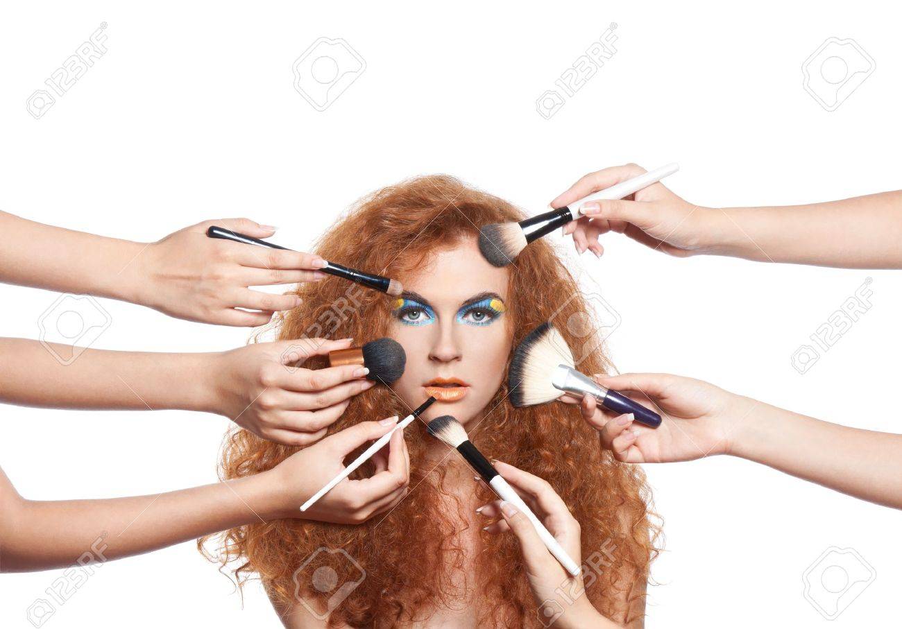 Portrait Beautiful Red Long Wavy Curly Hair Girl With Make Up