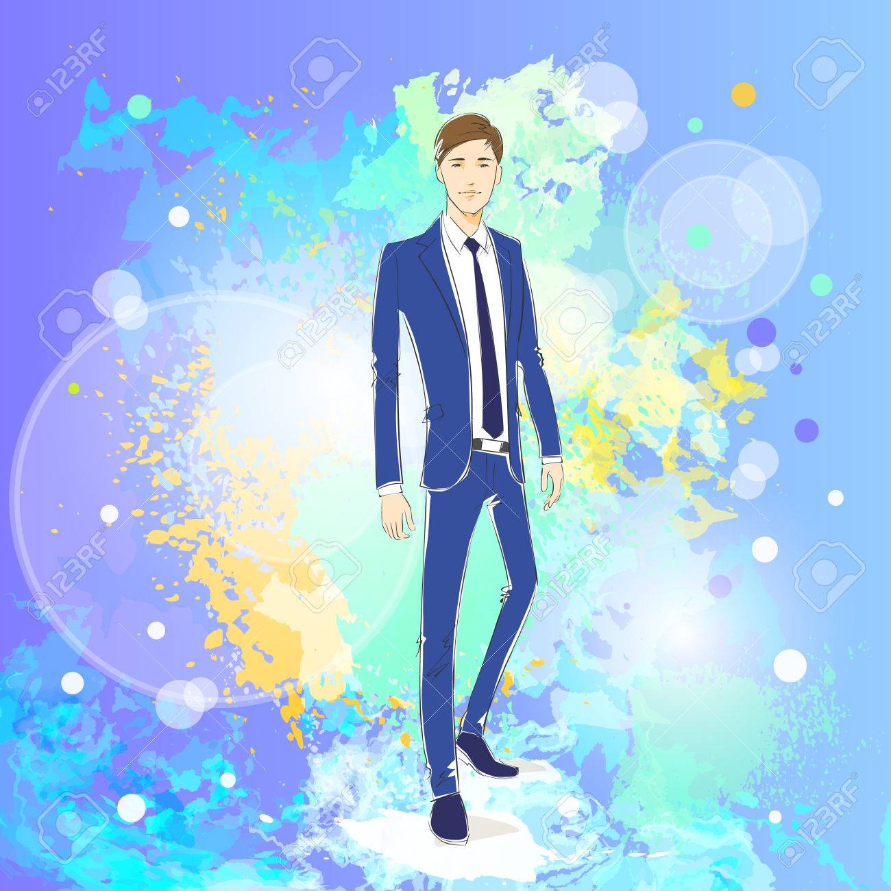 カラフルな痛みスプラッシュ背景 男性モデル着用のブルーのスーツの上のファッション男 のイラスト素材 ベクタ Image カラフルな痛みスプラッシュ背景 男性モデル着用のブルーのスーツの上のファッション男 のイラスト素材 ベクタ Image
