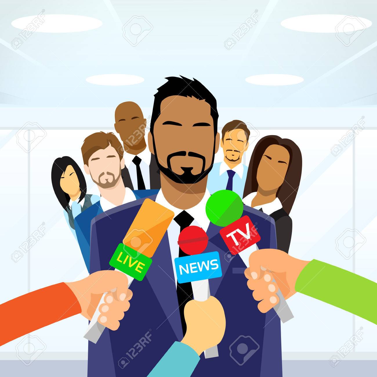 interview businessman team leader hands with microphones royalty team leader interview