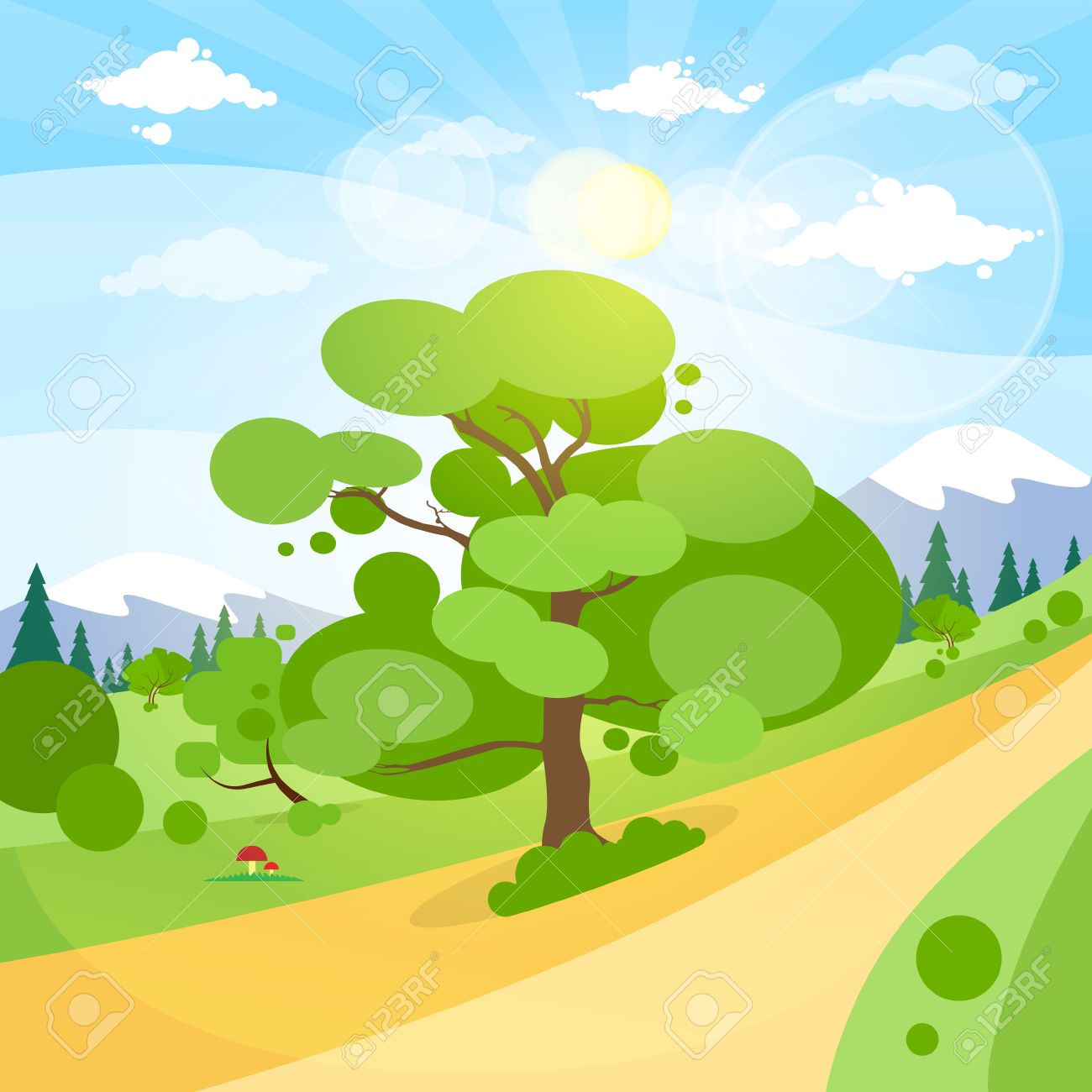 太陽緑の草や木の森のフラット デザイン ベクトル イラスト夏風景山林道青 雲空 のイラスト素材 ベクタ Image