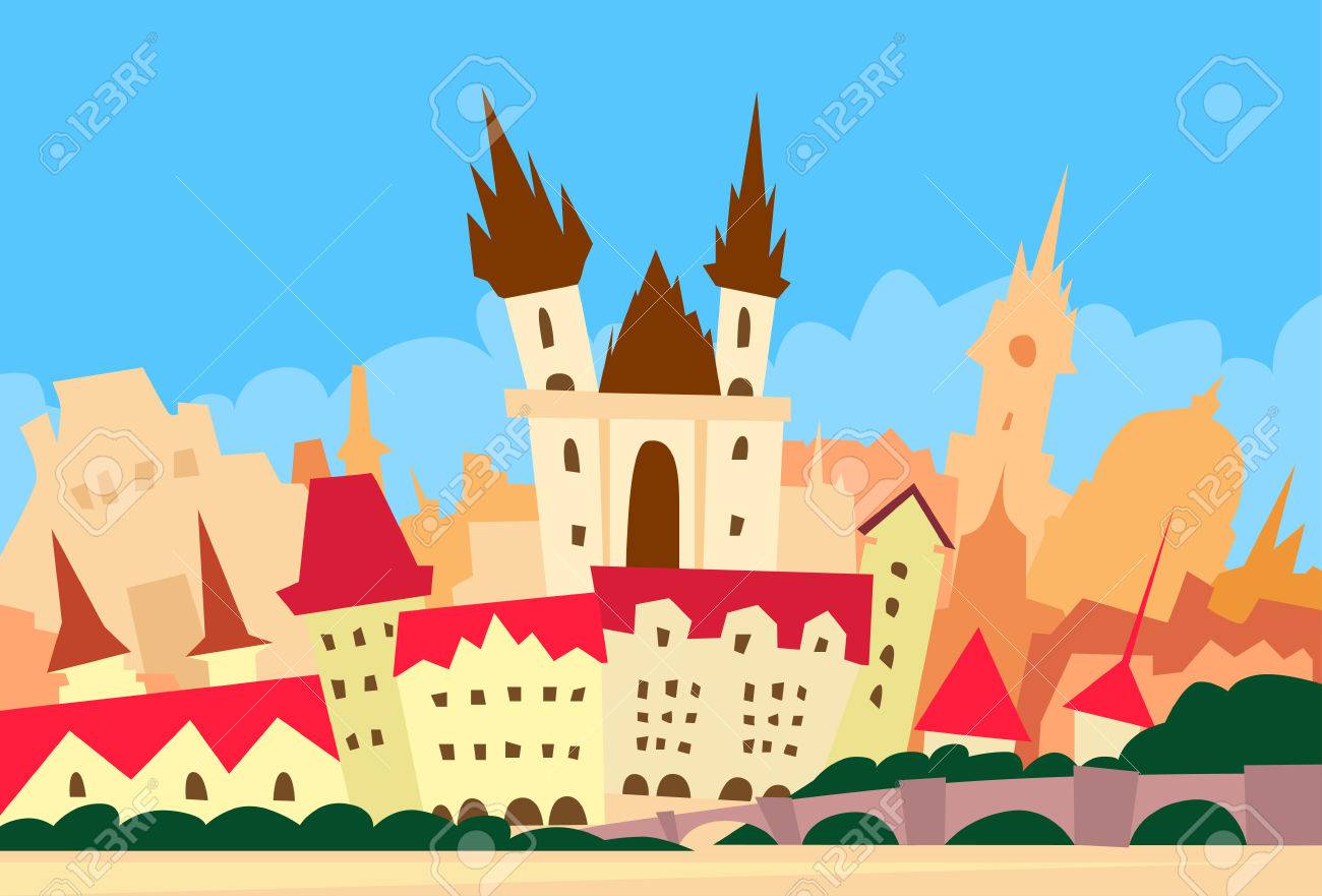 プラハ チェコ共和国抽象スカイライン都市高層ビルのシルエット フラット カラフルなイラスト のイラスト素材 ベクタ Image