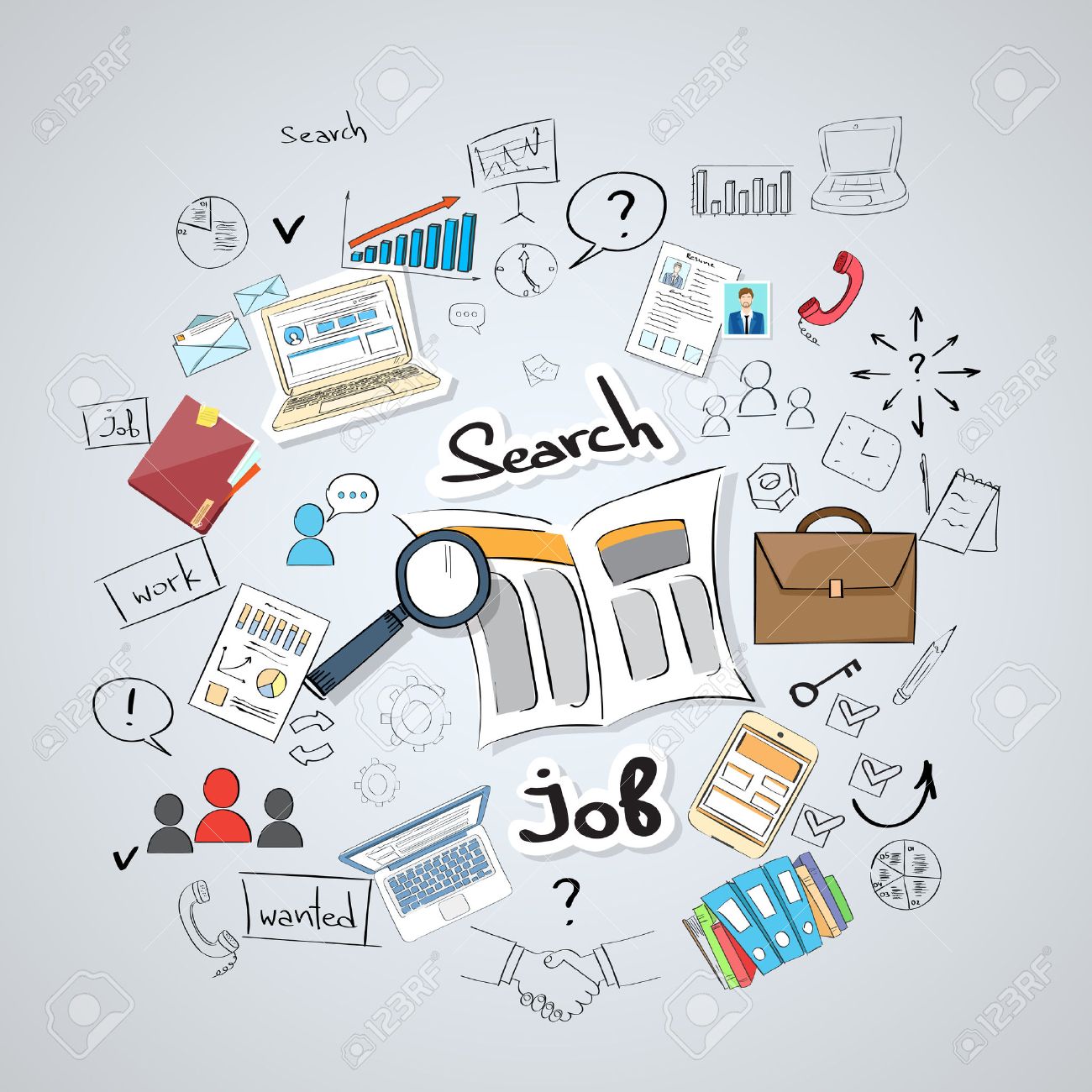 仕事の新聞を探してビジネス分類虫眼鏡概念落書き手描きスケッチ背景